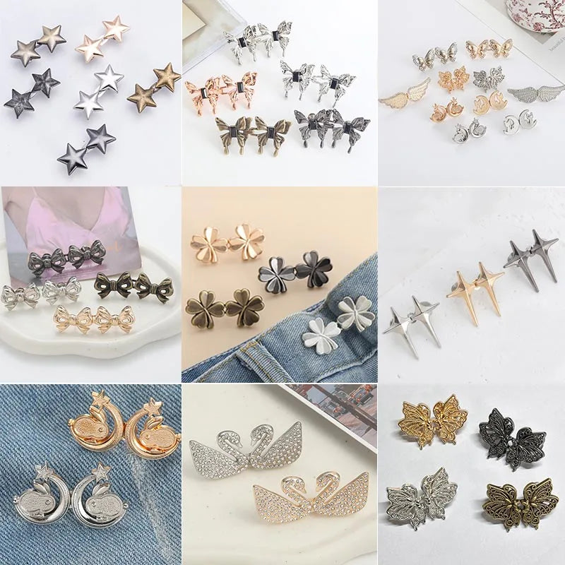 A collection of silver and gold adjustable waist clip brooches and floral pins for garment decoration.