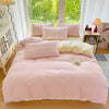 A pink checkered duvet cover set is displayed on a bed in a bright room with white curtains and natural light.