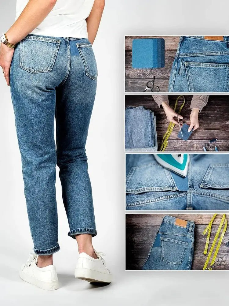 A pair of dark blue denim jeans with close-up shots showing iron-on patches and fabric details.