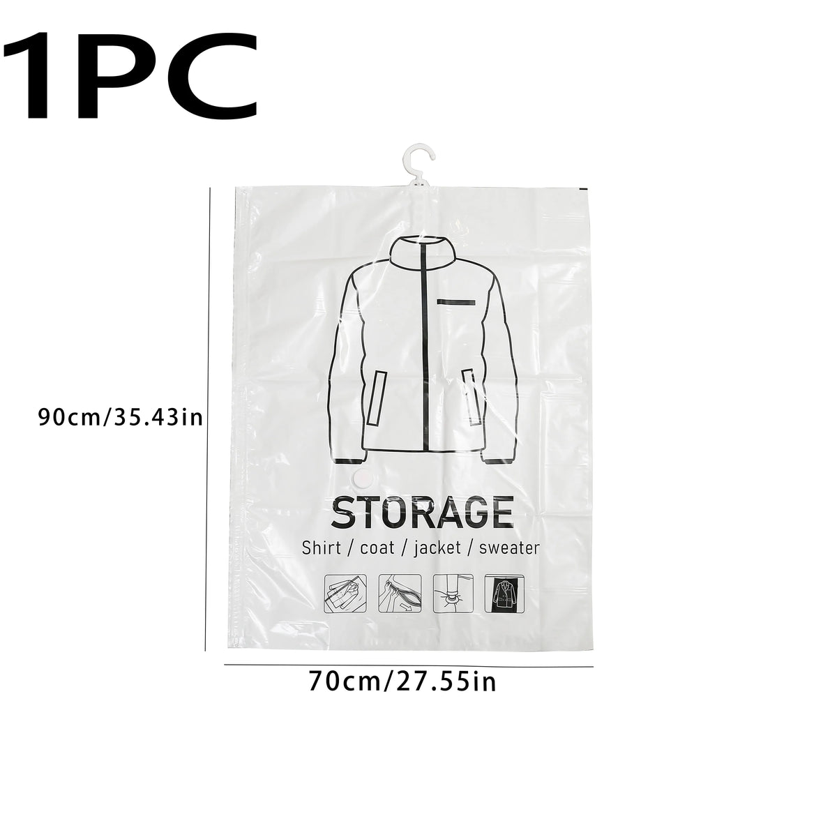 A white hanging vacuum storage bag containing a jacket or coat.