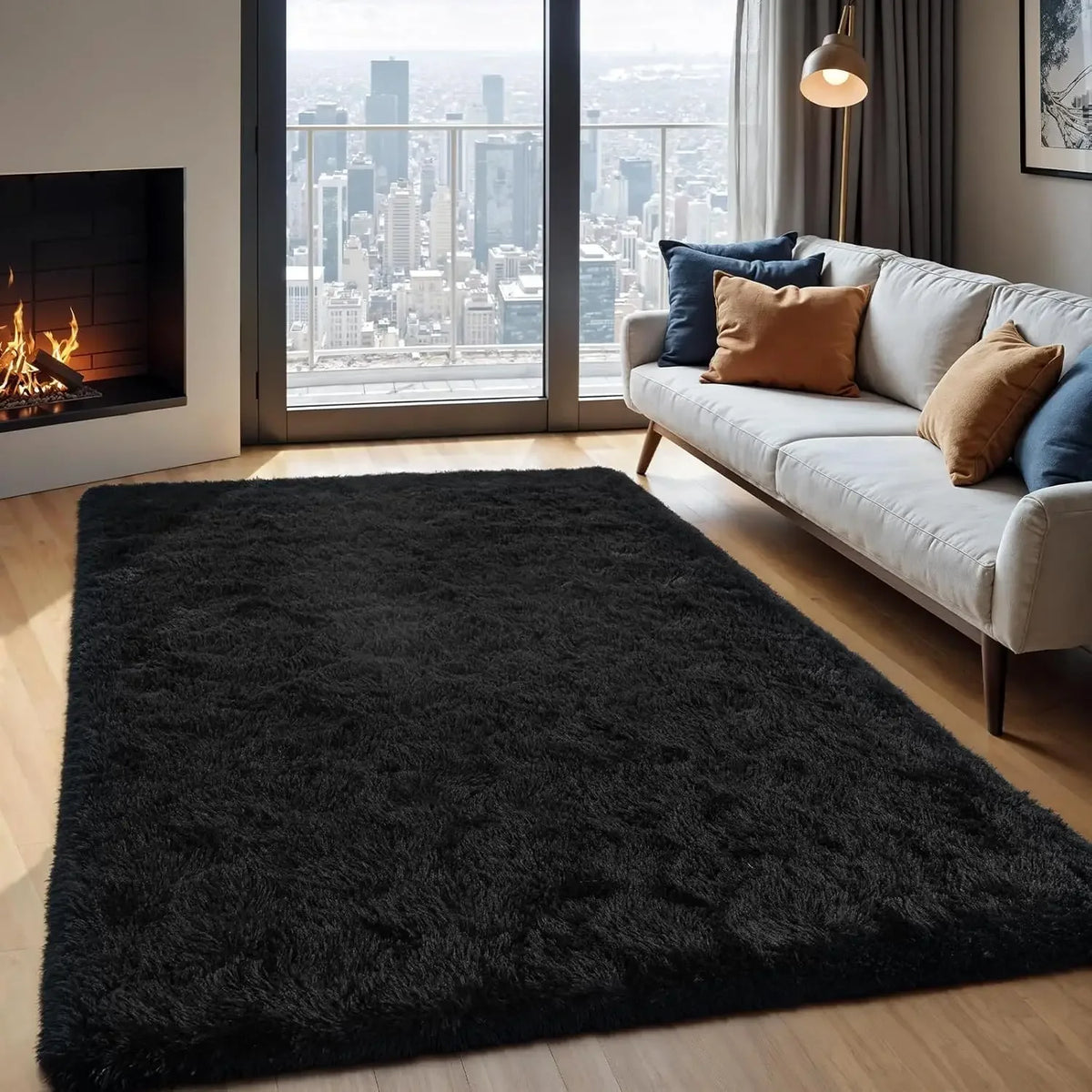 A dark gray plush carpet placed in front of a modern sofa and large window overlooking a city skyline.