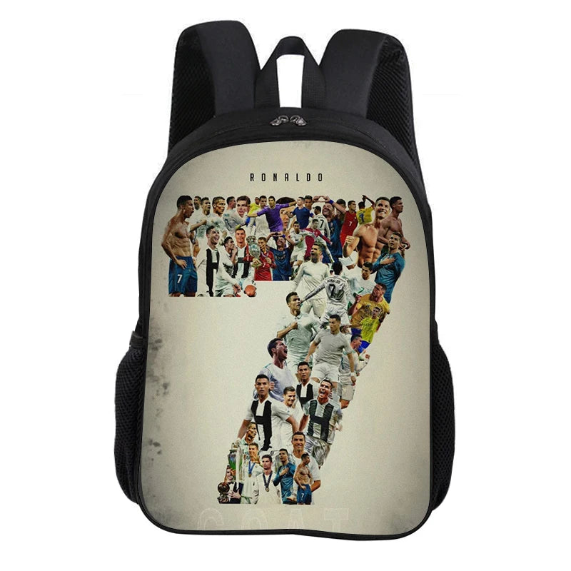 A black backpack featuring a collage of football players and the name RONALDO on the front.