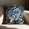 A dark blue and gray anime style monster print pillow cover featuring a fierce dragon-like creature.
