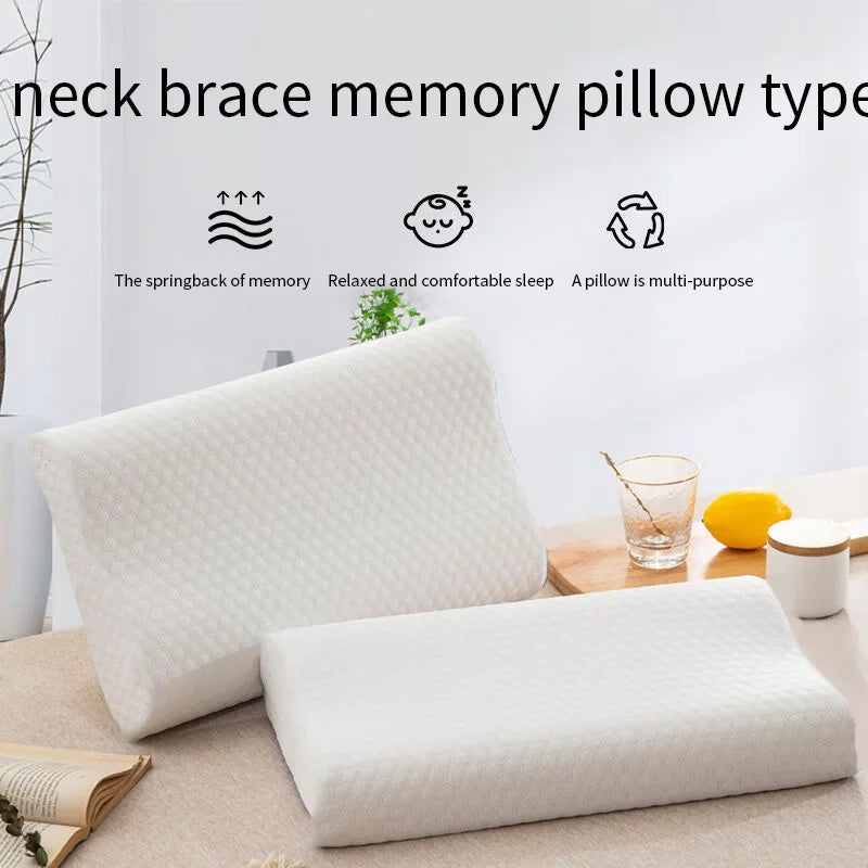 A white memory foam neck brace pillow is shown with explanatory text detailing its features.