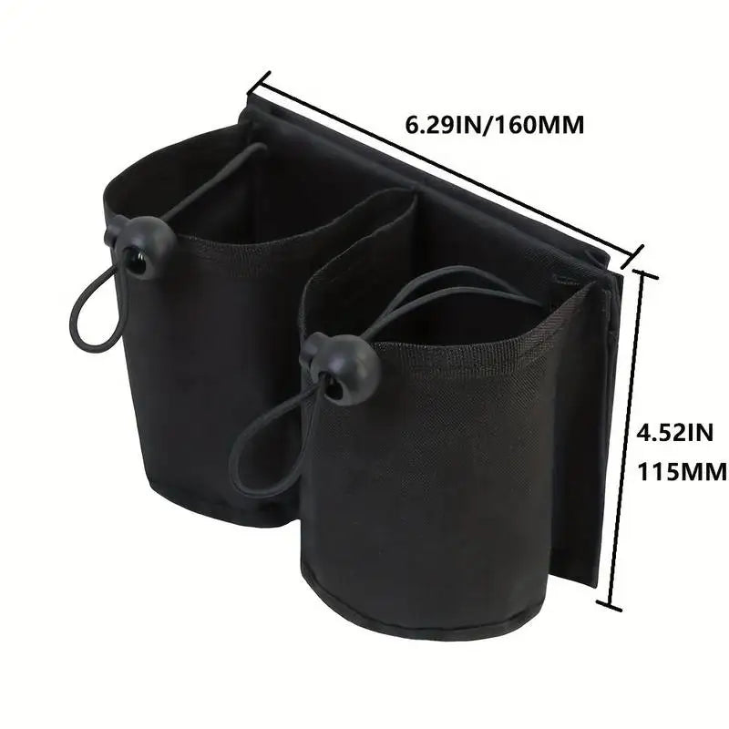 Black universal suitcase cup holder with elastic straps for hands-free travel