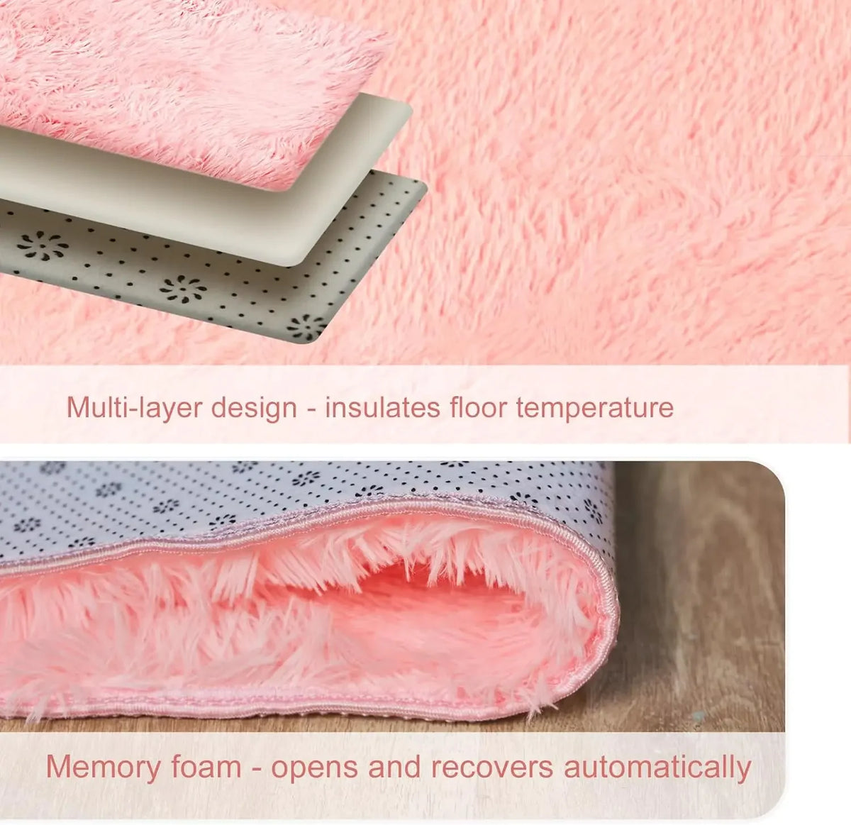A cross-section view of a multi-layer pink plush carpet with a non-slip backing and memory foam layer.