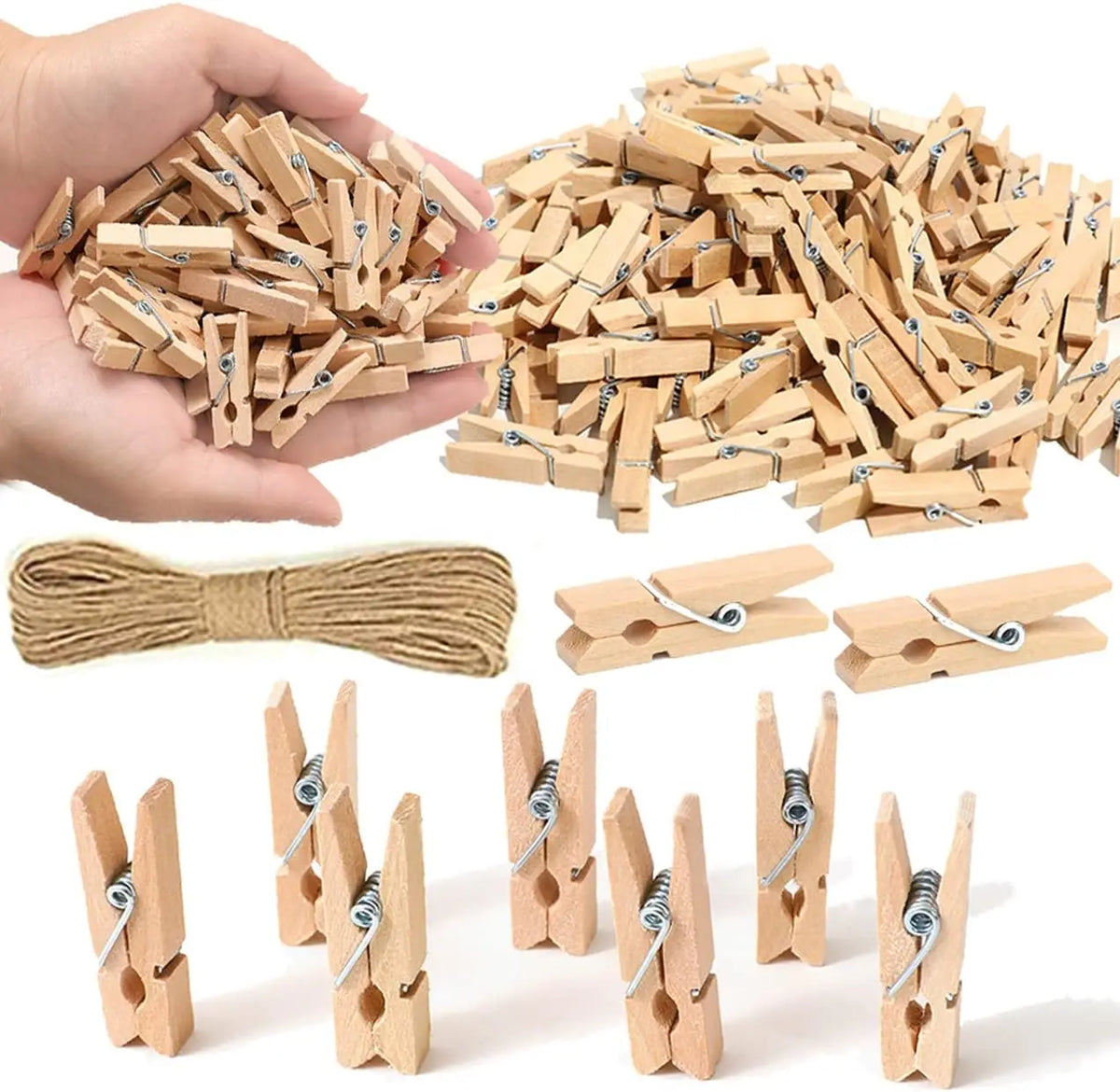A collection of mini wooden clothespins with jute twine, some held in a hand and others laid out for crafts.
