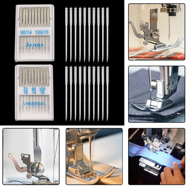A collection of stainless steel sewing machine needles in various sizes and types, including jeans, universal, and standard s