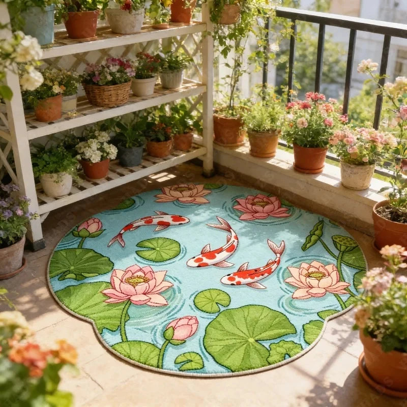 A round rug featuring a colorful pattern of koi fish and pink lotus flowers on a light blue background.