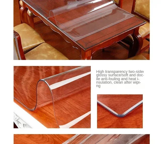 A close-up view of a durable transparent PVC table protector mat used for furniture protection.
