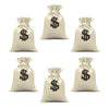 Three beige drawstring bags featuring a black dollar sign design for gifts or party favors.