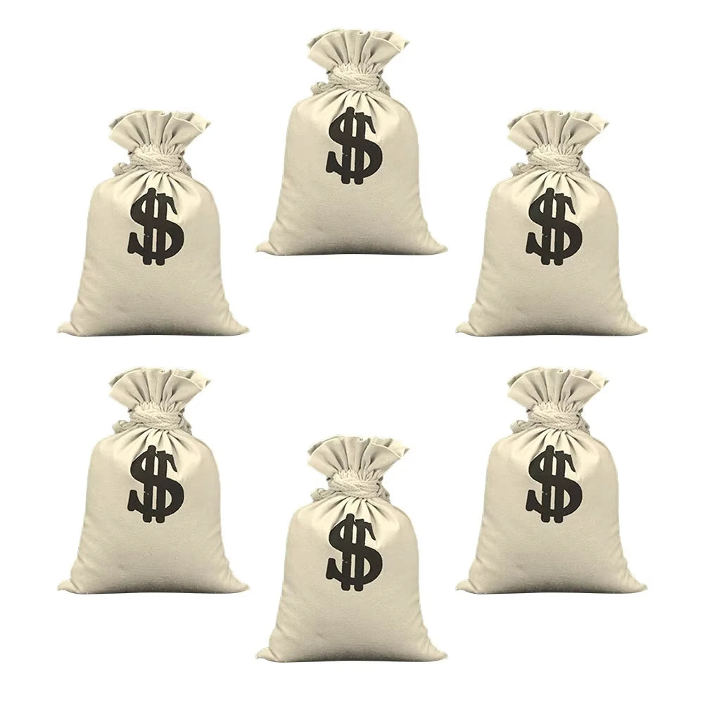 Three beige drawstring bags featuring a black dollar sign design for gifts or party favors.