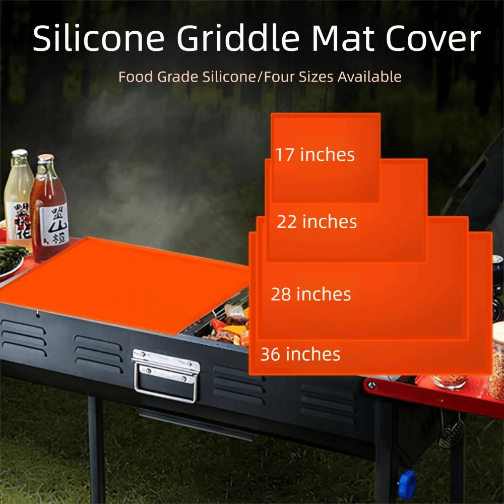 Orange silicone griddle mat covers of various sizes are shown on an outdoor grill surface.