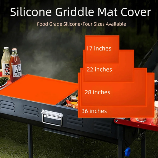 Orange silicone griddle mat covers of various sizes are shown on an outdoor grill surface.