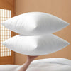 A hand is holding two white polyester cushion inserts for throw pillows against a light background.