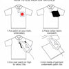 Instructions showing how to use an iron on patches, including putting a patch on cloth and ironing it over.