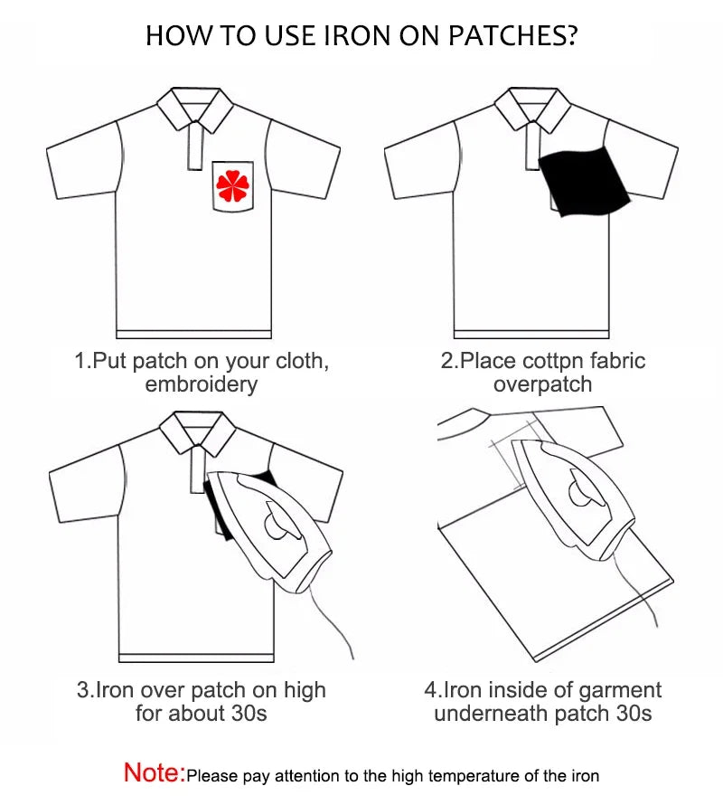Instructions showing how to use an iron on patches, including putting a patch on cloth and ironing it over.
