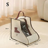 A beige waterproof foldable boots storage bag is shown on a light rug.
