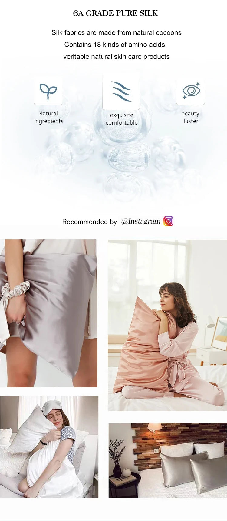 A close-up of a silky pink pillowcase and silk fabric products displayed in various contexts.