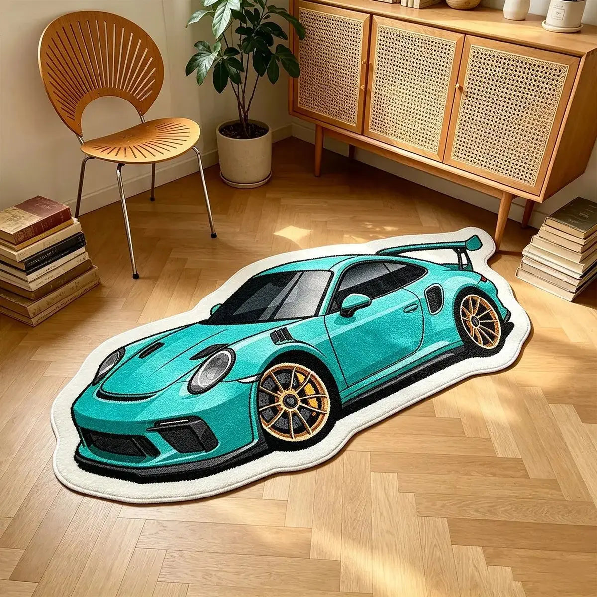 A plush rug shaped like a teal sports car rests on a light wooden floor.