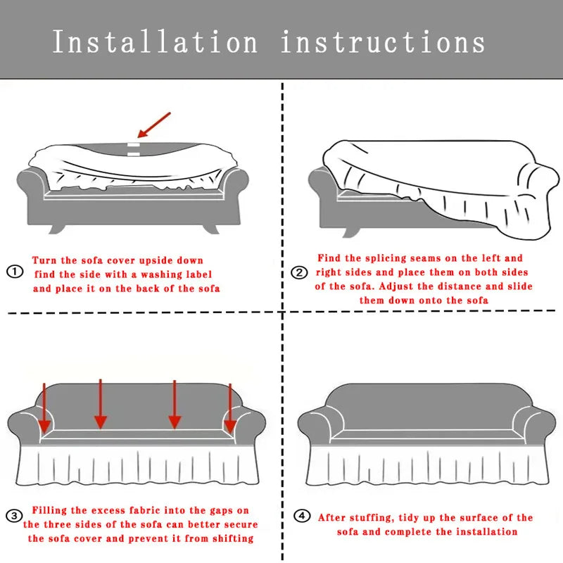 Installation instructions showing steps to fit a pleated fabric sofa cover onto a sofa.