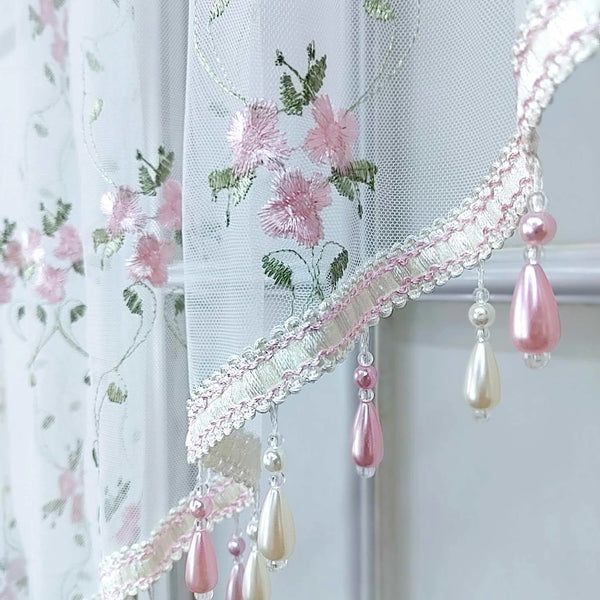 Pink and green floral embroidery lace curtain with pearl drop tassels