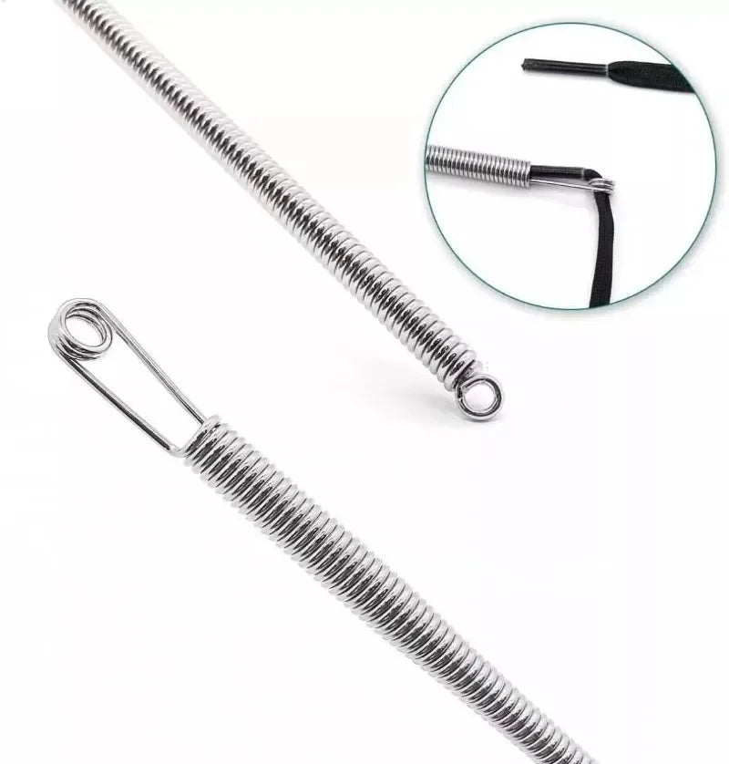 A set of metal spring drawstring sewing threaders, shown with a zoomed-in view and the full length.