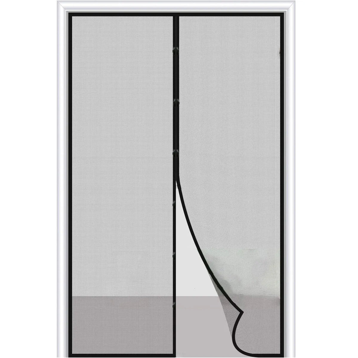A vertical magnetic screen door curtain with a sheer gray fabric panel shown in a white frame.