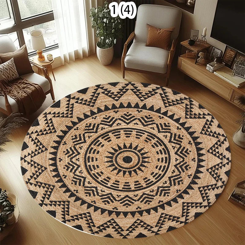 A round woven jute rug with geometric patterns in brown and black tones on a wooden floor.