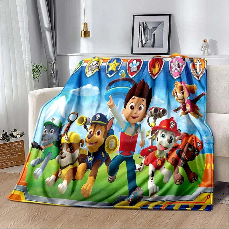 A colorful flannel throw blanket featuring characters from the cartoon Dog and Puppy series.