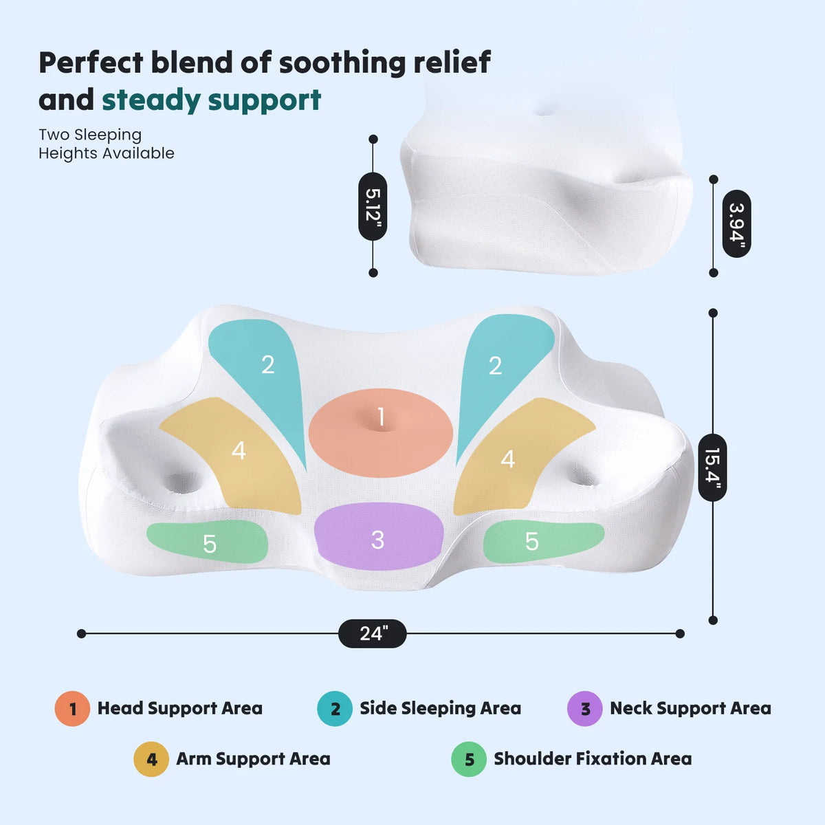 White ergonomic memory foam neck pillow with five support areas for soothing relief and steady support