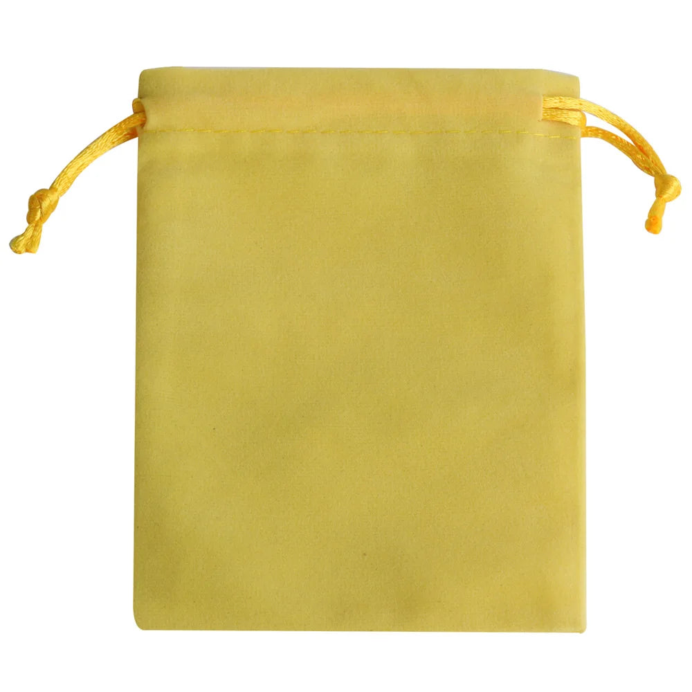 A rectangular, light olive green velvet drawstring gift bag with golden ties.