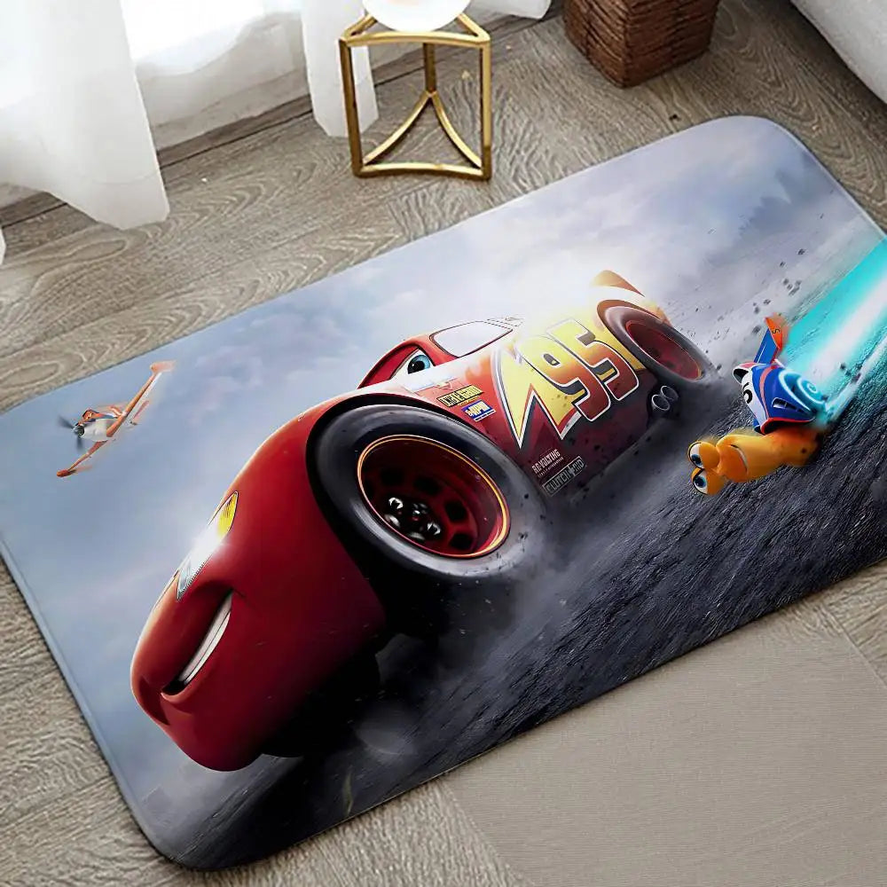 A cartoon image of a red race car speeding across a gray background on an anti-slip door mat.