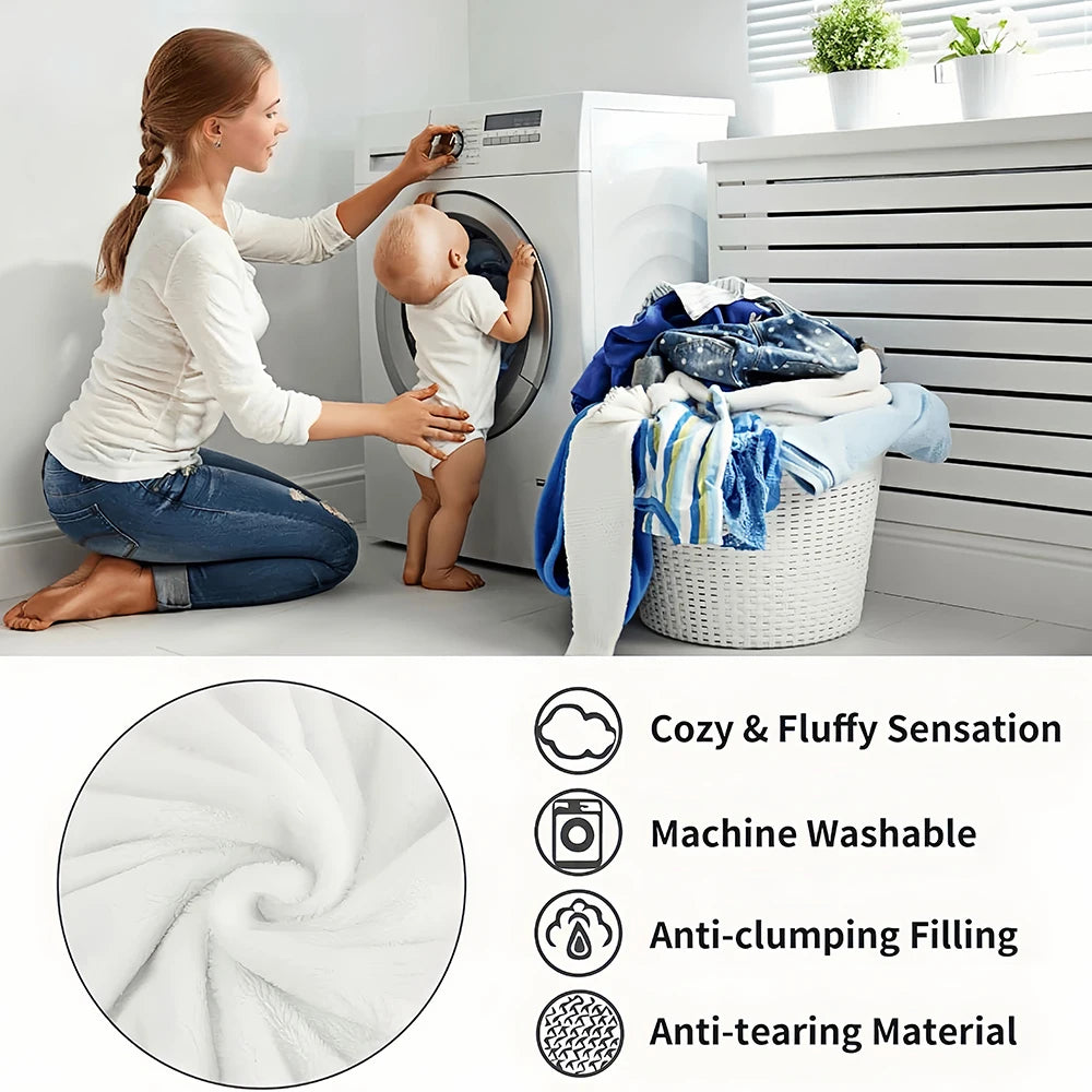 A white fluffy blanket is shown next to a washing machine and laundry basket, highlighting its cozy and durable features.