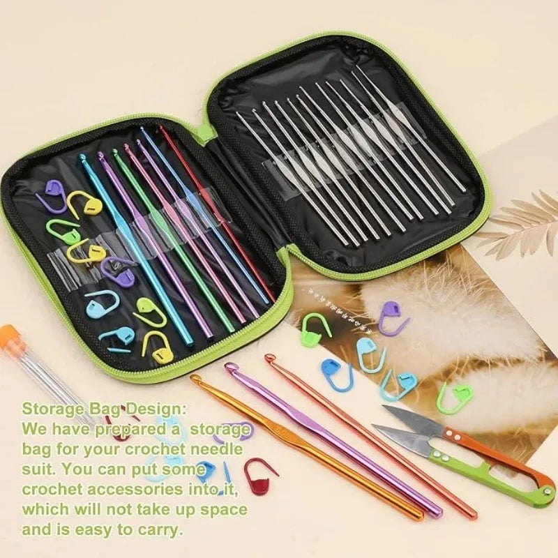 A storage bag containing a complete crochet needle set for knitting and stitch markers with various tools laid out nearby.