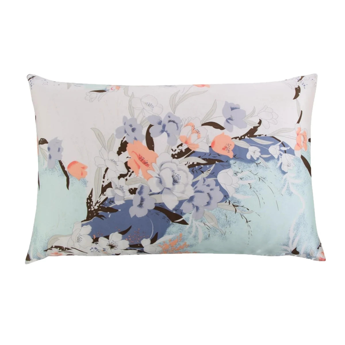 A square silk pillowcase featuring a watercolor floral print in shades of blue, pink, and white on a light aqua background.