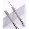 A pair of silver leather sewing awls and stitching tools shown against a white background.