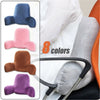 Eight colors of plush lumbar support cushion with arms shown on a person's back.