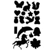 A collection of black butterfly and silhouette fabric repair patches for outerwear.