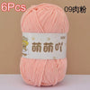 A ball of light pink chenille yarn labeled as 09 strands for crochet and knitting.