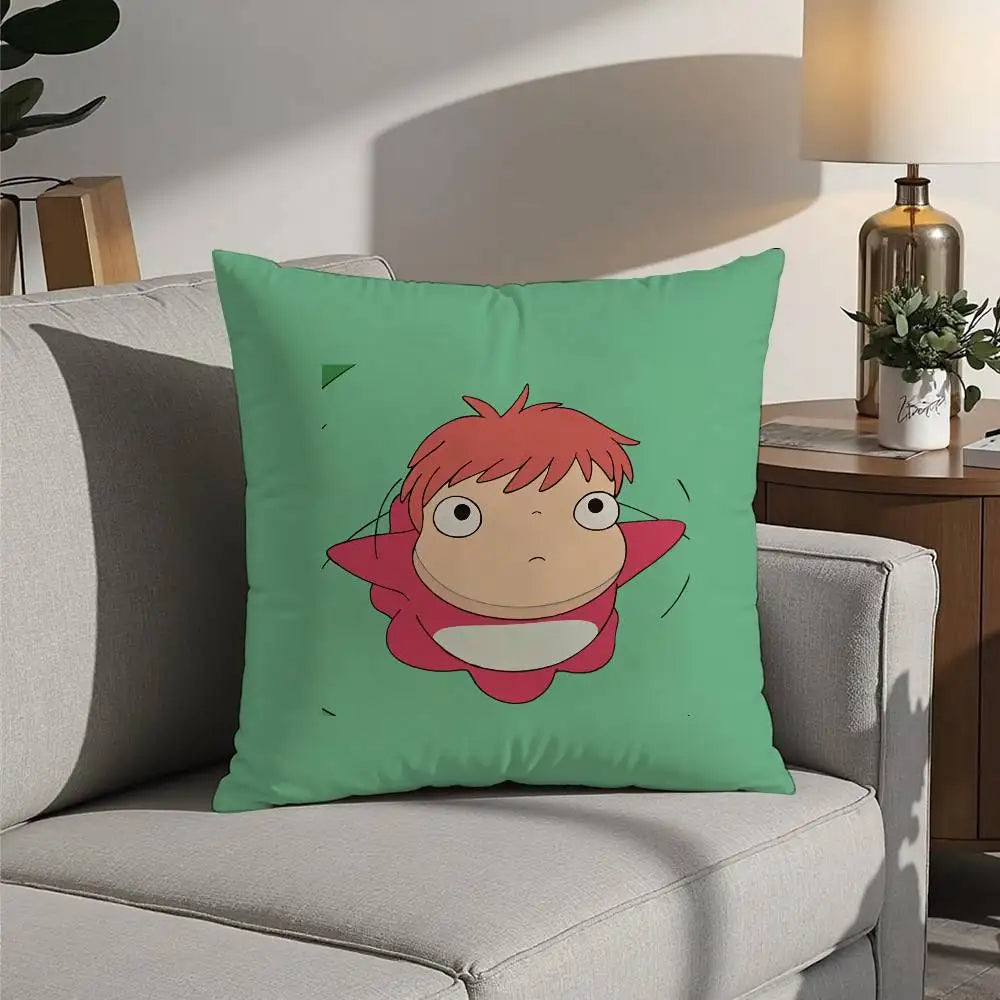 A decorative pillow cover featuring a cartoon character with red hair and pink clothing on a light green background.