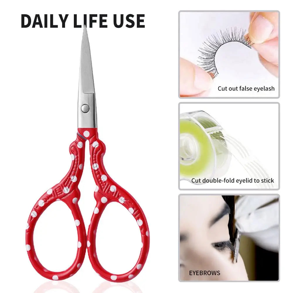 Pair of red embroidery scissors used for cutting false eyelashes and eyebrows