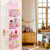A vertical pink foldable over-the-door storage organizer filled with various small toys and accessories.