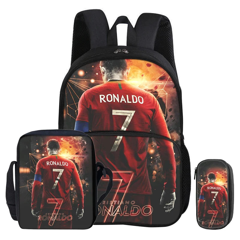 A black football backpack featuring a graphic of Cristiano Ronaldo in a red jersey.