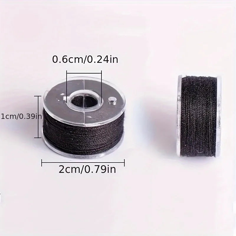 A roll of black thread with a diameter of 0.6cm and a length of 2cm is shown next to a spool.