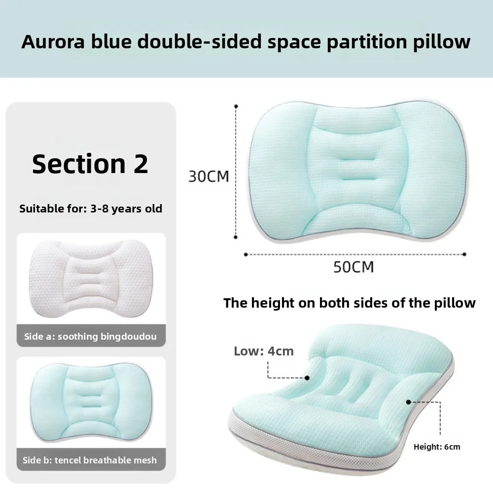 Aurora blue double-sided space partition pillow shown with side views and dimensions