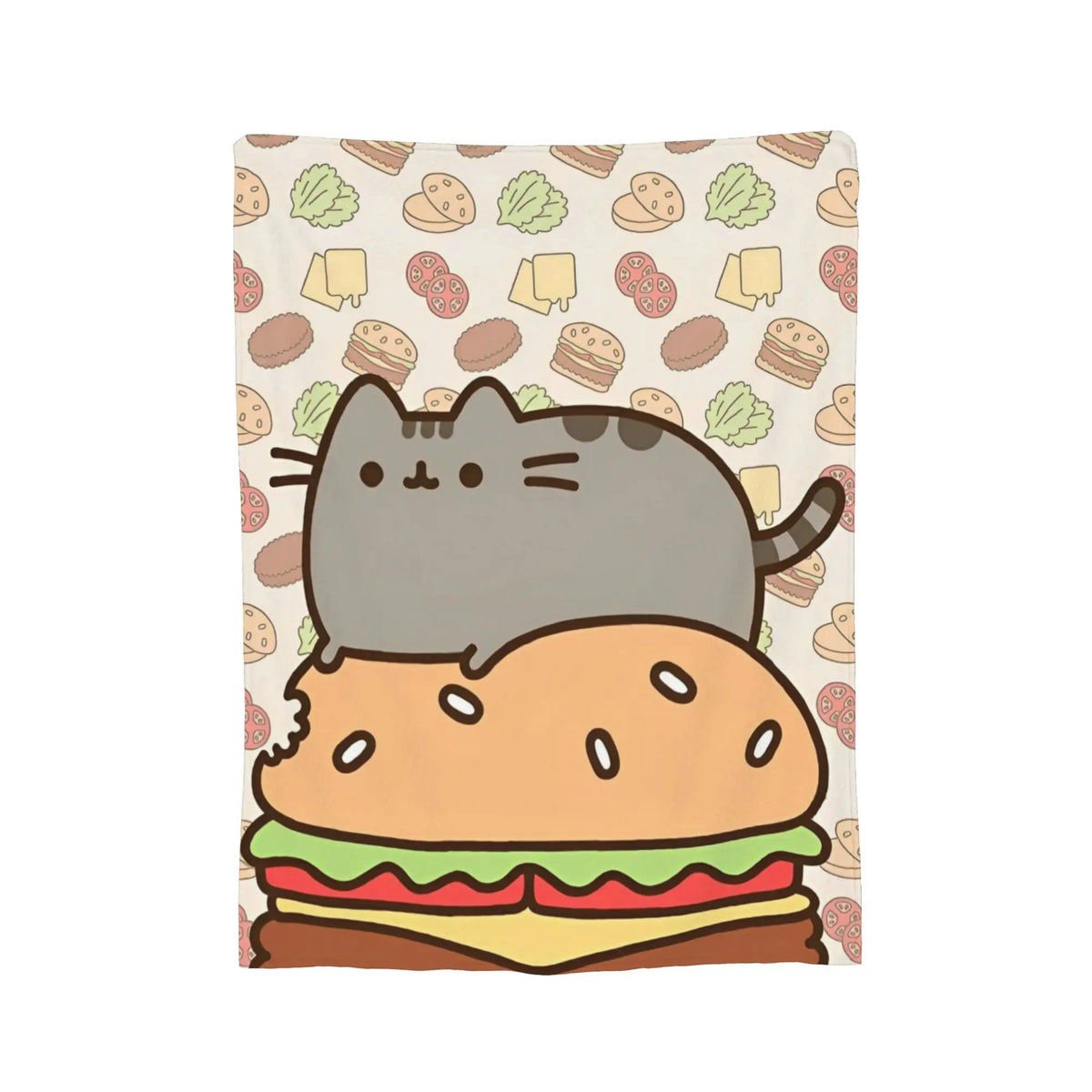 A gray cat plush blanket featuring a cat sitting on a large hamburger illustration against a patterned background.