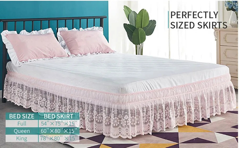 Pink lace ruffle bed skirt in a full size for a queen or king bed