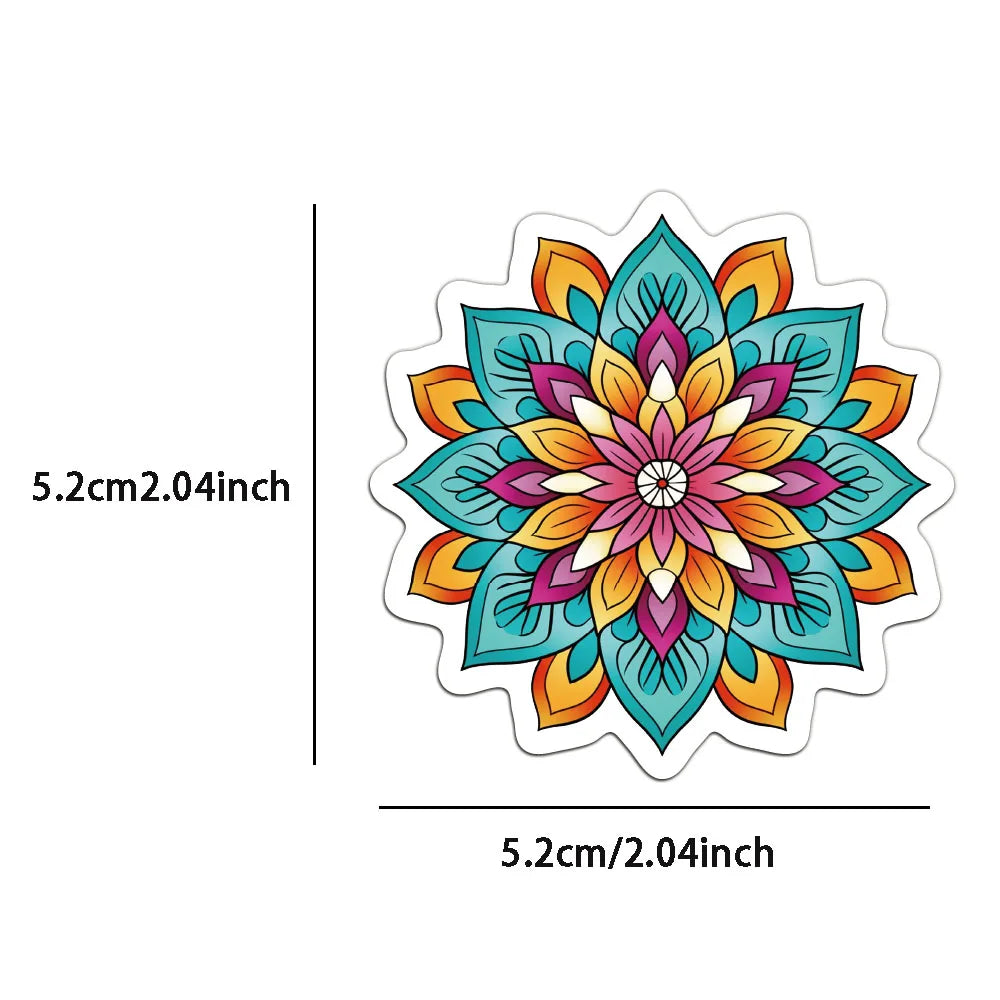 Colorful mandala graffiti sticker with intricate floral patterns in shades of orange, pink, teal, and yellow.