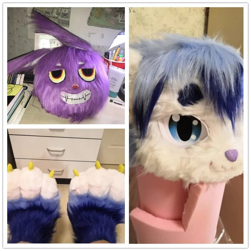 A close-up of a purple and blue faux fur plush fabric used for sewing and crafting.
